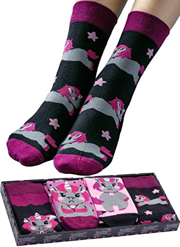 corimori Witzige, lässige Anime Baumwolle Socken 4er Set in plastikfreier Geschenk-Verpackung, Ruby das Punk-Einhorn, 36-44