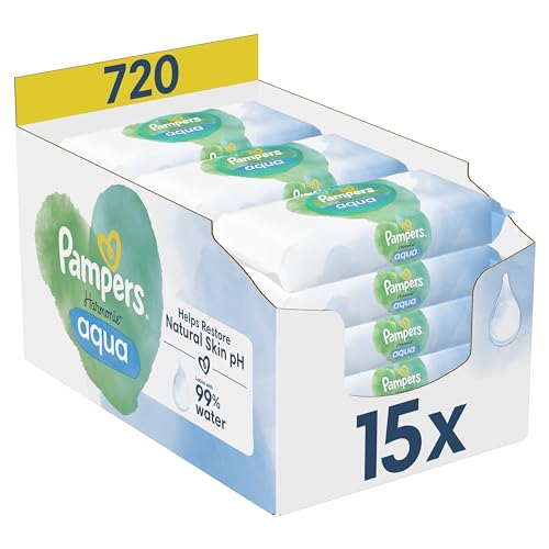 Pampers Harmonie Aqua Baby Feuchttücher Box, 720 Tücher (15 x 48), sanfter Hautschutz für zarte Haut mit 99% Wasser