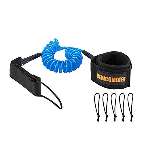 NEWCOMDIGI Sup Leash, Surfboard Leash 6ft/8ft/10ft 7mm with 5pcs Leash String Loop Cord Sup Sicherungsleine Coiled, Paddle Leash für Stand Up Paddle Board, Buggy Board, Sup Board f2 (Black, 10 FT)