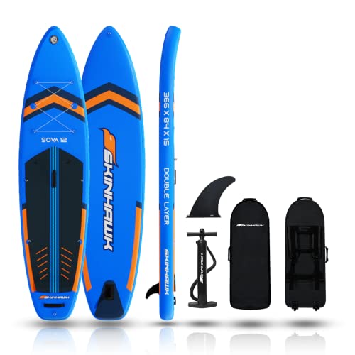 SKINHAWK Premium SUP Board - Aufblasbares Stand Up Paddle Board - Allround Board - Double Layer Board - 366 x 84 x 15cm