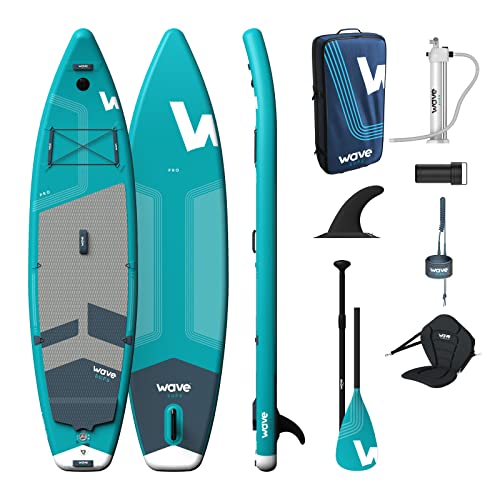 Wave Pro SUP Aufblasbares Stand Up Paddle Board | 6' dick | Inklusive Kajak-Umbausitz, Tragetasche, Knöchelleine, Pumpe | breiter Ständer, rutschfestes Deck | 3m Aqua