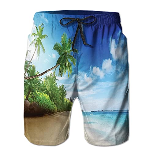 GULTMEE Ocean Mens Swim Trunks,Tropical Sea Waves Coconut Palms,Quick Dry Swim Shorts with Mesh Lining Funny Swimwear Bathing Suits,Brown Green Blue - M