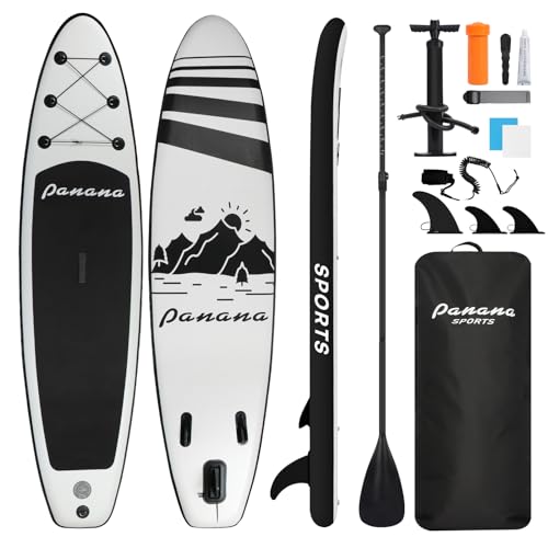 Panana Aufblasbares Stand Up Paddle Board 305x76x15cm mit Premium SUP Board Zubehör, Surfbrett Surfing Board Kit, Verstellbares Paddel, Hand Ultra-Leicht, Rutschfestes Deck Schwarz