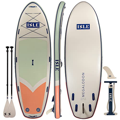 ISLE Megalodon Aufblasbares Stand Up Paddle Board, inkl. 3-Finnensystem, Pumpe, 2 Paddel - Mehr-Personen SUP - 360 x 110 x 20 cm - max. 295 kg - California Design - Grün/Pfirsich