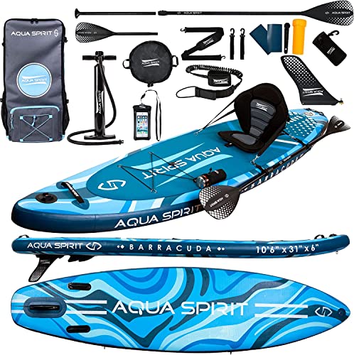 Aqua Spirit Aufblasbares SUP Board Set Stand Up Paddle Board Barracuda Komplettes Zubehör 320x79x15cm Erwachsene Anfänger/Experten | 150 kg Limit - Paddel, Kajak Sitz, Pumpe, Tasche 2 Jahre Garantie