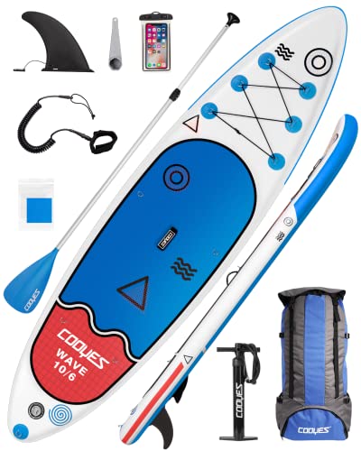Cooyes Aufblasbares Stand-Up-Paddleboard mit abnehmbarer Flosse, Rucksack, Trockentasche, Leine, verstellbares Paddel, Pumpe, Sup für Erwachsene und Jugendliche