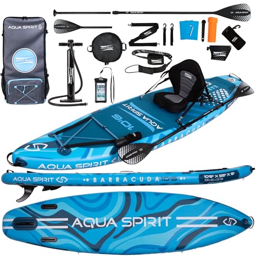 Aqua Spirit SUP Aufblasbares Stand-Up Paddle Board 2024 | 320x81x15cm | Kompletter Kajak-Umbausatz mit Paddel, Rucksack, Pumpe und weiterem Zubehör | Erwachsene Anfänger/Experten | 2 Jahre Garantie