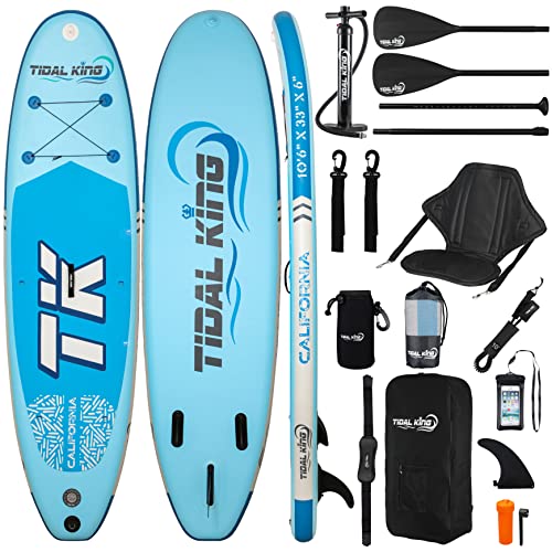 Tidal King California ISUP aufblasbares Stand Up Paddle Board – extra breit für zusätzliche Stabilität, Paddel, schnelle Pumpe, Leine, Rucksack, Handyhülle, Blau