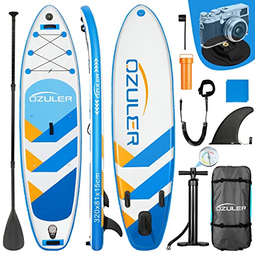 OZULER Stand Up Paddle Board, Stand-Up Paddling Boards Aufblasbare, Inflatable SUP Board 180kg für Anfänger, with Kamerahalterung und SUP Rucksack（blau）
