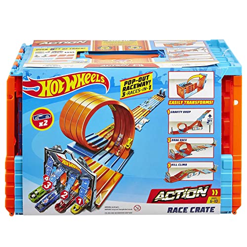 Hot Wheels Bahn Track Builder, Rennkiste (3 Stunts in 1 Set) zum Bauen von Autorennbahnen für Hot Wheels Autos, inkl. 2 Spielzeugautos, Auto Spielzeug, Spielzeug ab 6 Jahre, GKT87