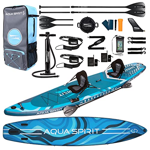 Aqua Spirit Aufblasbares Stand Up Paddle Board SUP Barracuda Kajak Paket | 10'6 x 31 x 6 | Erwachsene Anfänger/Experten | 150 kg Limit | Sitz, Paddel & Kajakblatt, Pumpe, Go Pro Halterung, Tasche