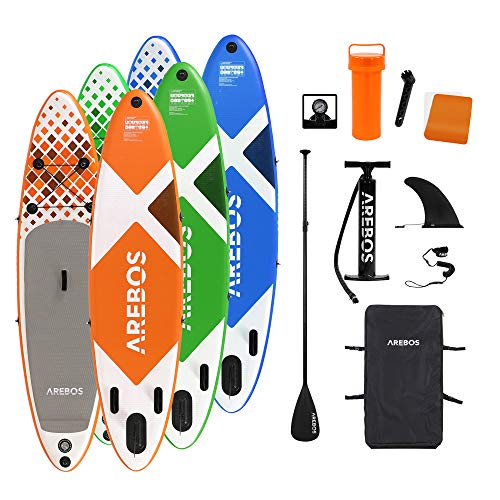 Arebos Aufblasbare SUP Board Set Stand Up Paddle Board | Surfboard | 300x64x15 cm 10' | Double-Layer | Alu-Paddel | Hochdruck-Pumpe | Transportrucksack | 135kg Tragkraft | Orange