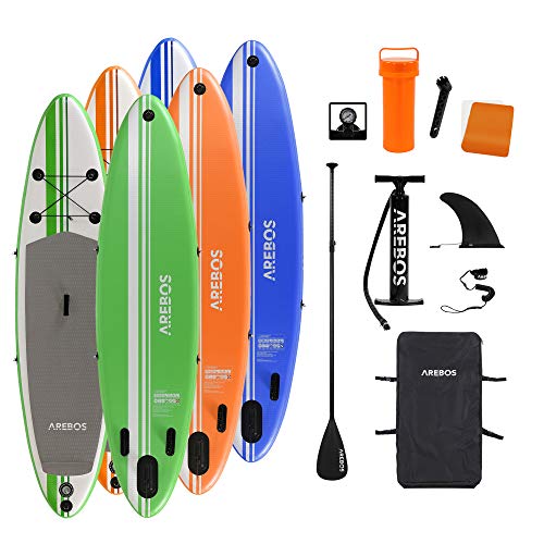 Arebos SUP Board | Stand up Paddling | Surfboard | 320 cm | aufblasbar | Single-Layer | Alu-Paddel | Hochdruck-Pumpe | Transportrucksack | 115kg Tragkraft | Grün