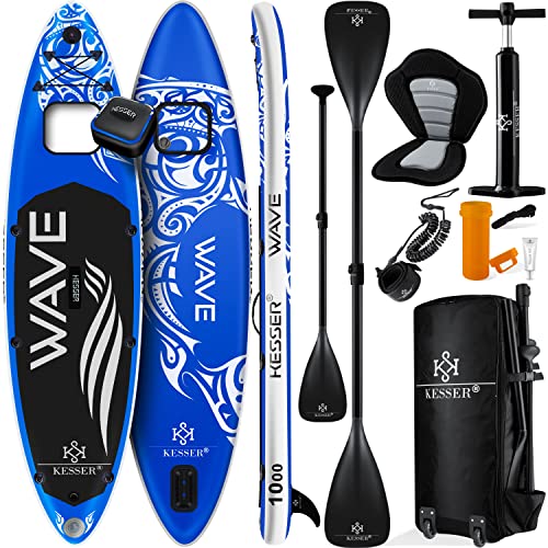 KESSER® SUP Board Aufblasbar Set mit Sichtfenster Stand Up Paddle Board Premium Surfboard Wassersport | 6 Zoll Dick | Komplettes Zubehör | 130kg | 305x76x15cm 10.0' | Blau