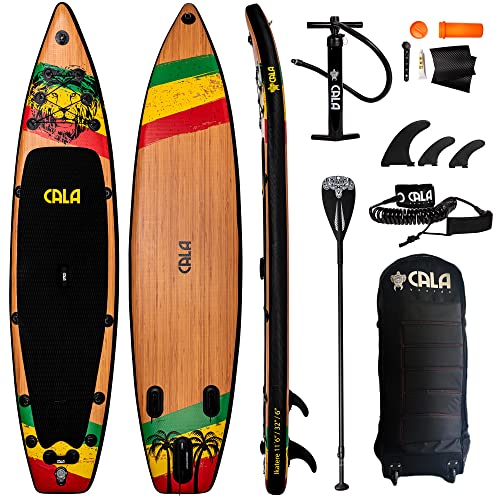 CALA Ikatere 2023 Stand Up Paddling Board Set, i-SUP aufblasbar, Robustes Surfboard mit 20% Seegras-Anteil inkl. Voll-Carbon Paddel, Reparatur Kit, Pumpe, Rucksack-Trolley, 3 Finnen, Ventil und Kappe