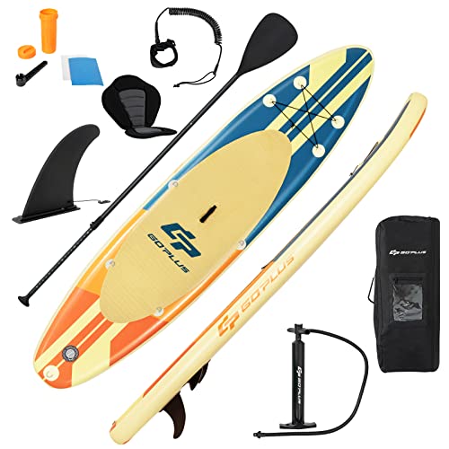 GOPLUS Stand Up SUP Board Set, Aufblasbare Paddle Board mit faltbarem Paddle und Rucksack, Belastbar bis 120 kg, mit komplettem Zubehör (320x76x15cm, Hellgelb)