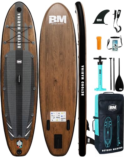 BEYOND MARINA Sup Board, Stand Up Paddling Board, Paddle Board, Aufblasbares Paddleboard Surfboard Wassersport, Pumpe, Rucksack, Paddel, Leash, 320 x81 x15CM, Holzmaserung
