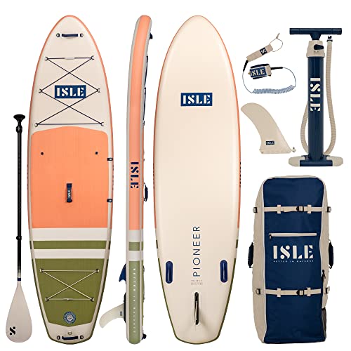 ISLE Pioneer Aufblasbares Stand up Paddle Board, inkl. Sicherheitsleine, 3-Finnensystem, Rucksack, Pumpe, Paddel - Einsteiger SUP - 320x86x15cm - max. 129kg - California Design - Pfirsich/Moosgrün