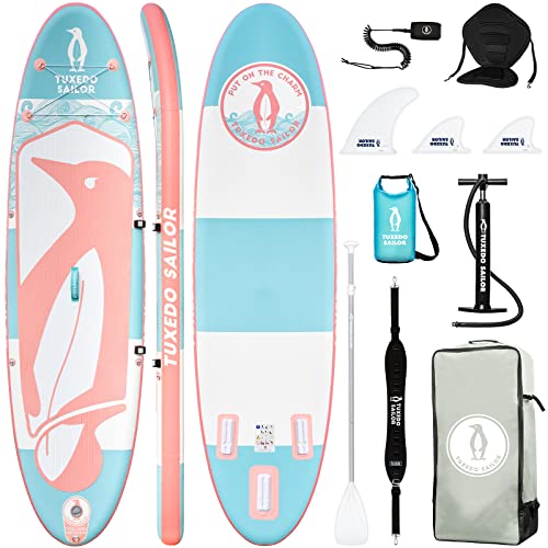 Tuxedo Sailor Inflatable Stand Up Paddle Board SUP Board Complete Accessories Adjustable Paddleboard, Pump, ISUP Travel Backpack, Phone wasserdichte Bag, Finne, Kajak-Sitz, Paddling Surfboard……