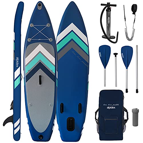 ALPIDEX Stand Up Paddle Set SUP 305 x 76 x 15 cm Belastbar bis 150 kg Aufblasbar Stabil Leicht Komplett Set Tragetasche Paddel Finnen Luftpumpe Leash Repair Kit, Farbe:Blue