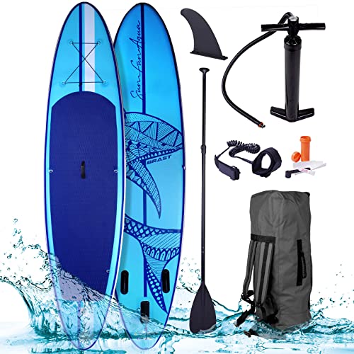 BRAST SUP Board Shark | Aufblasbares Stand up Paddle Set | 300-365cm viele Modelle | incl. Zubehör Fußschlaufe Paddel Pumpe Rucksack | Blau Grün Gelb Rot Türkis Orange Pink | Blau 320
