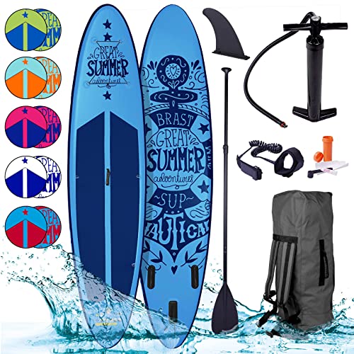 BRAST SUP Board Summer | Aufblasbares Stand up Paddle Set | 320x81x15cm viele Modelle | incl. Zubehör Fußschlaufe Paddel Pumpe Rucksack | Blau Rot Grün Orange Türkis Pink Weiß | 320 blau