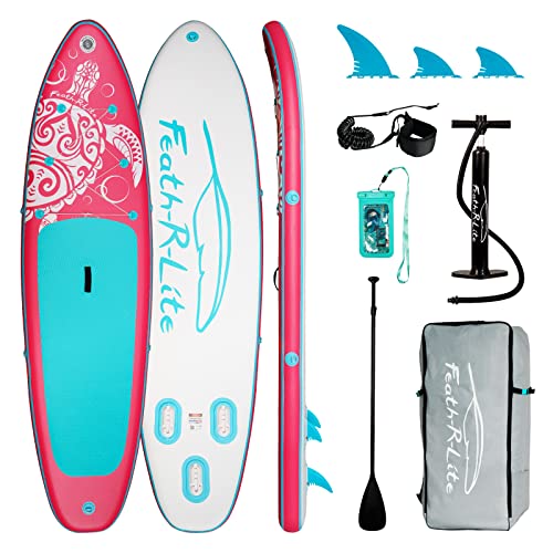 FEATH-R-LITE Aufblasbares Stand Up Paddle Board Surfbrett SUP Komplettes Paddleboard Zubehör Verstellbares Paddel, Pumpe, ISUP Reiserucksack, Leine, wasserdichte Tasche, Erwachsene Paddelboard