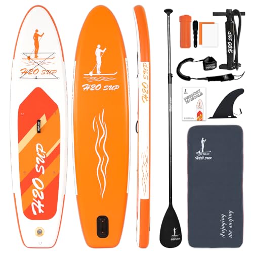 H2OSUP Aufblasbares Stand Up Paddle Board mit Premium SUP Paddle Board Zubehör & Rucksack, Ultraleichtes, breites stabiles Design Surfboard, rutschfestes Deck Paddleboard für Jugendliche & Erwachsene