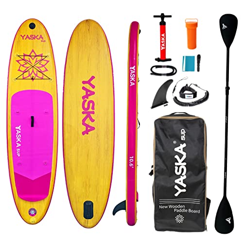YASKA aufblasbares Stand Up Paddling Board SUP Paddle Boards Set, Korn aus Holz,320×81×15cm, Tragfähigkeit 130KG, inkl. Rucksack, Paddel, Pumpe, Leash (pink)
