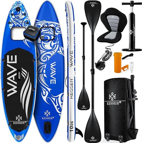 KESSER® SUP Board Aufblasbar Set mit Sichtfenster Stand Up Paddle Board Premium Surfboard Wassersport | 6 Zoll Dick | Komplettes Zubehör | 130kg | 366x77x15cm 12.0' | Blau