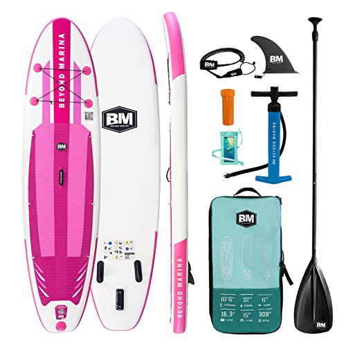 BEYOND MARINA SUP Aufblasbares Stand Up Paddle Board, Federleichtes Surfboard mit D-Ringen | Premium SUP Zubehör, Rucksack, Glasfaser Paddel, Handpumpe, Leine, 320×81×15cm,Rosa
