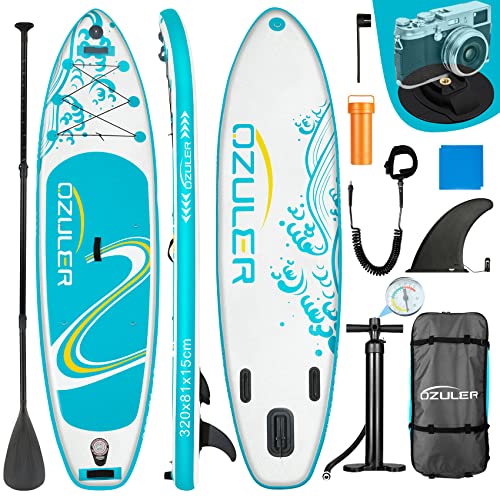 OZULER Stand Up Paddle Board, Stand-Up Paddling Boards Aufblasbare, Inflatable SUP Board 180kg für Anfänger, with Kamerahalterung und SUP Rucksack (Hellblau)