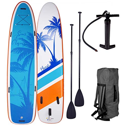 BRAST SUP Board Stand up Paddle Paddling Surfboard „Family“ 370x87x15cm bis 210kg aufblasbar 2X Paddel Hochdruck-Pumpe Rucksack gewebtes Drop Stitch