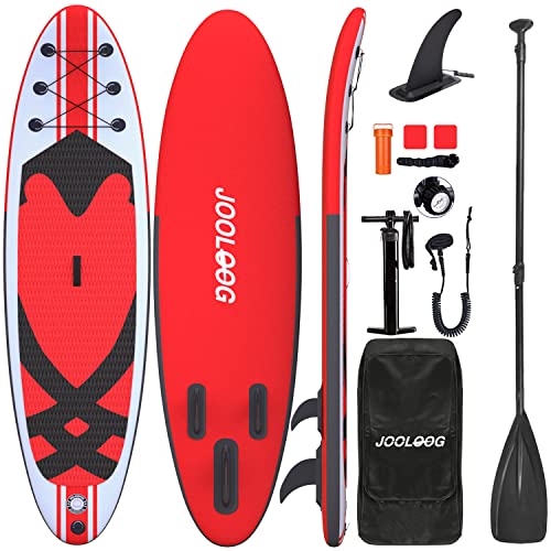 JOOLOOG Aufblasbare Stand Up Paddle Board SUP Board 150kg 300x80x15cm 6 Zoll Dick with Paddling Board Zubehör für und Jugendliche Rot