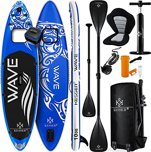 KESSER® SUP Board Aufblasbar Set mit Sichtfenster Stand Up Paddle Board Premium Surfboard Wassersport | 6 Zoll Dick | Komplettes Zubehör | 130kg | 320x76x15cm 10.6' | Blau