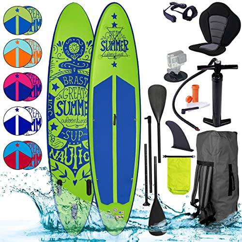BRAST SUP Board Summer | Aufblasbares Stand up Paddle Set | 320x81x15cm viele Modelle | inkl. Zubehör Fußschlaufe Paddel Pumpe Rucksack | Blau Rot Grün Orange Türkis Pink Weiß | 320 grün