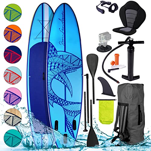 BRAST SUP Board Shark | Aufblasbares Stand up Paddle Set | 300-365cm viele Modelle | inkl. Zubehör Fußschlaufe Paddel Pumpe Rucksack | Blau Grün Gelb Rot Türkis Orange Pink | Blau 320